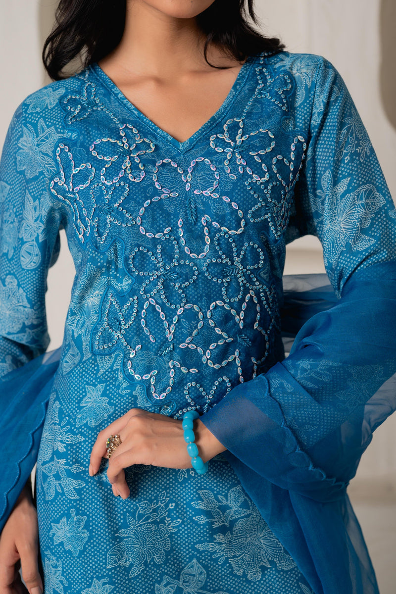 Juniper Blue Floral Embellished A-Line Kurta Pant And Dupatta Set With Beads & Sequence Work