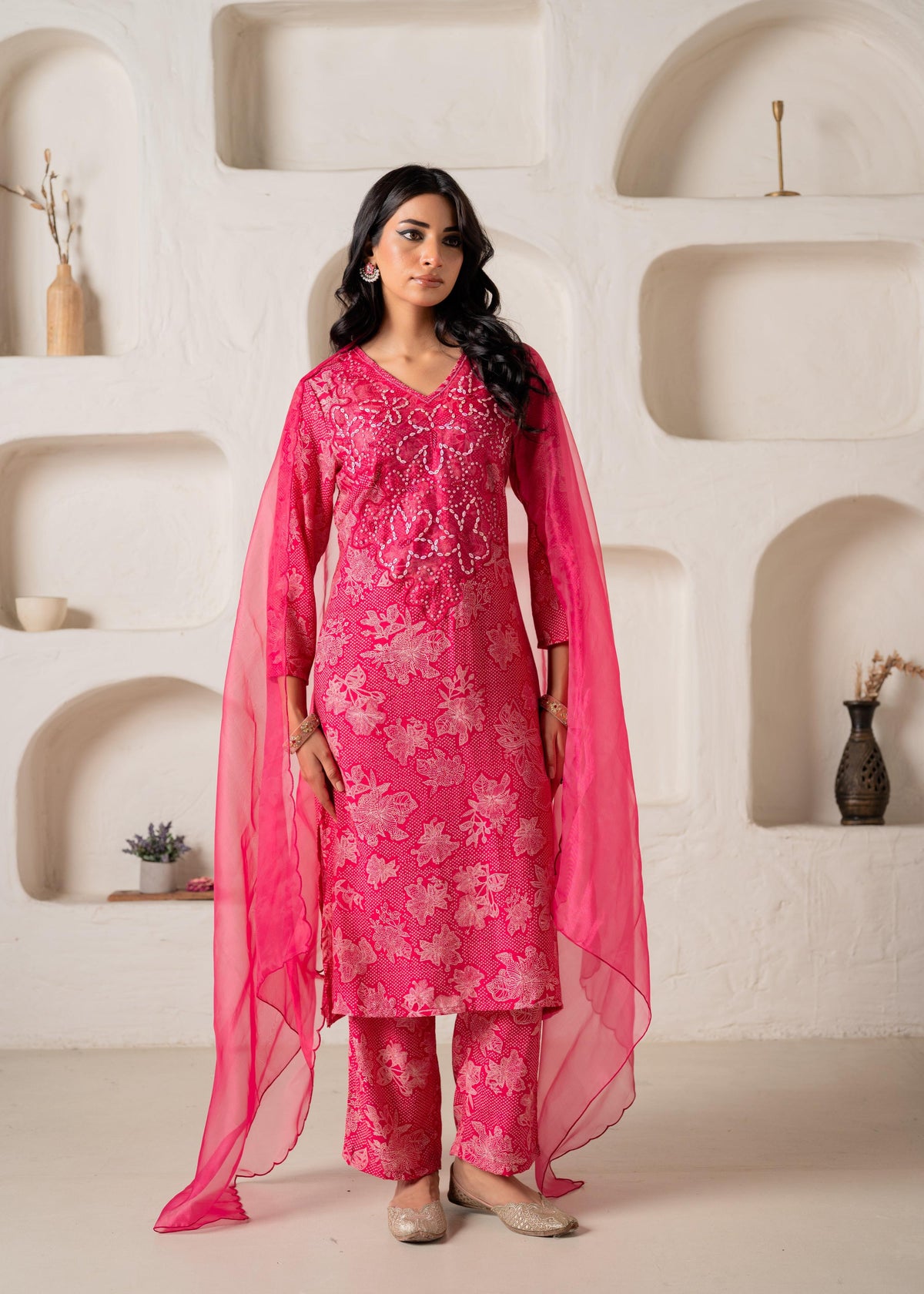 Juniper Fuchsia Floral Embellished A-Line Kurta Pant And Dupatta Set With Beads & Sequence Work