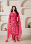 Juniper Fuchsia Floral Embellished A-Line Kurta Pant And Dupatta Set With Beads & Sequence Work