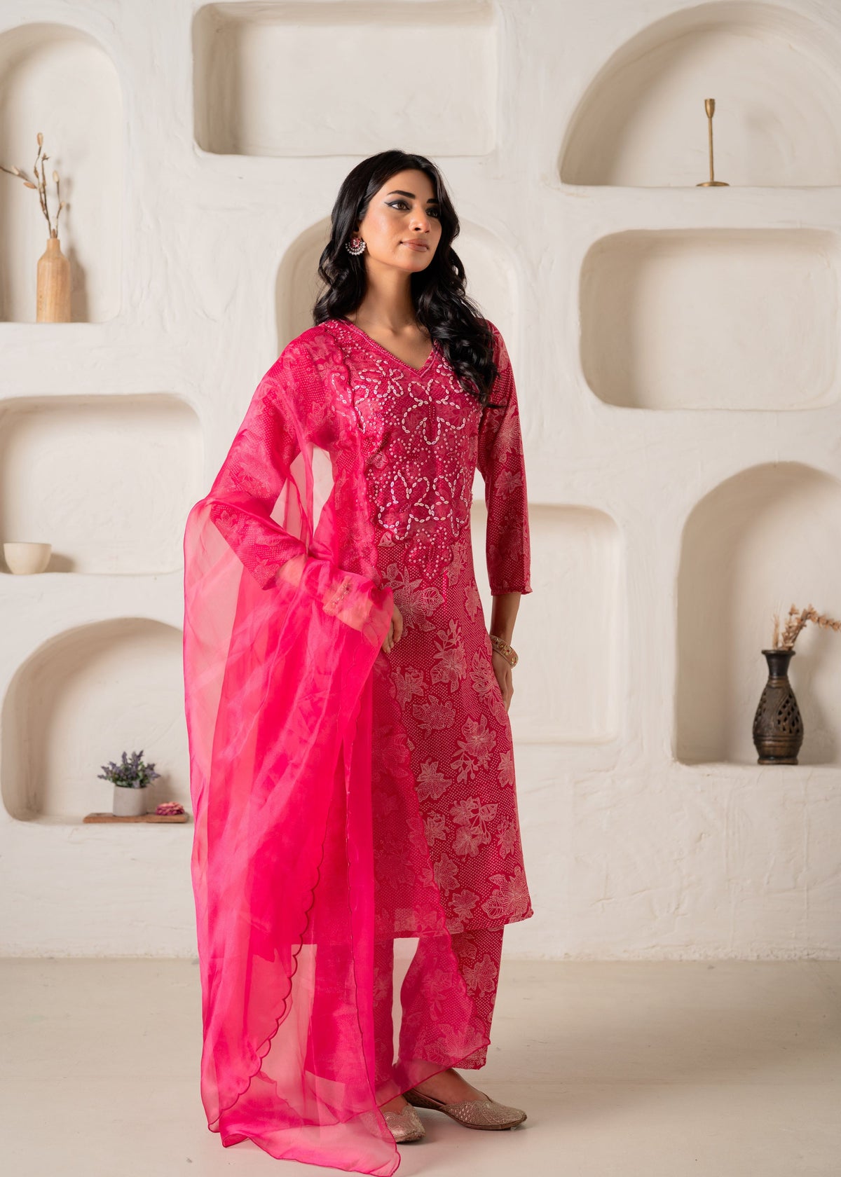 Juniper Fuchsia Floral Embellished A-Line Kurta Pant And Dupatta Set With Beads & Sequence Work