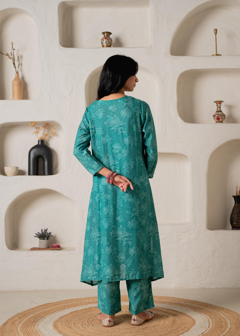 Juniper Green Floral Embellished A-Line Kurta Pant And Dupatta Set With Beads & Sequence Work