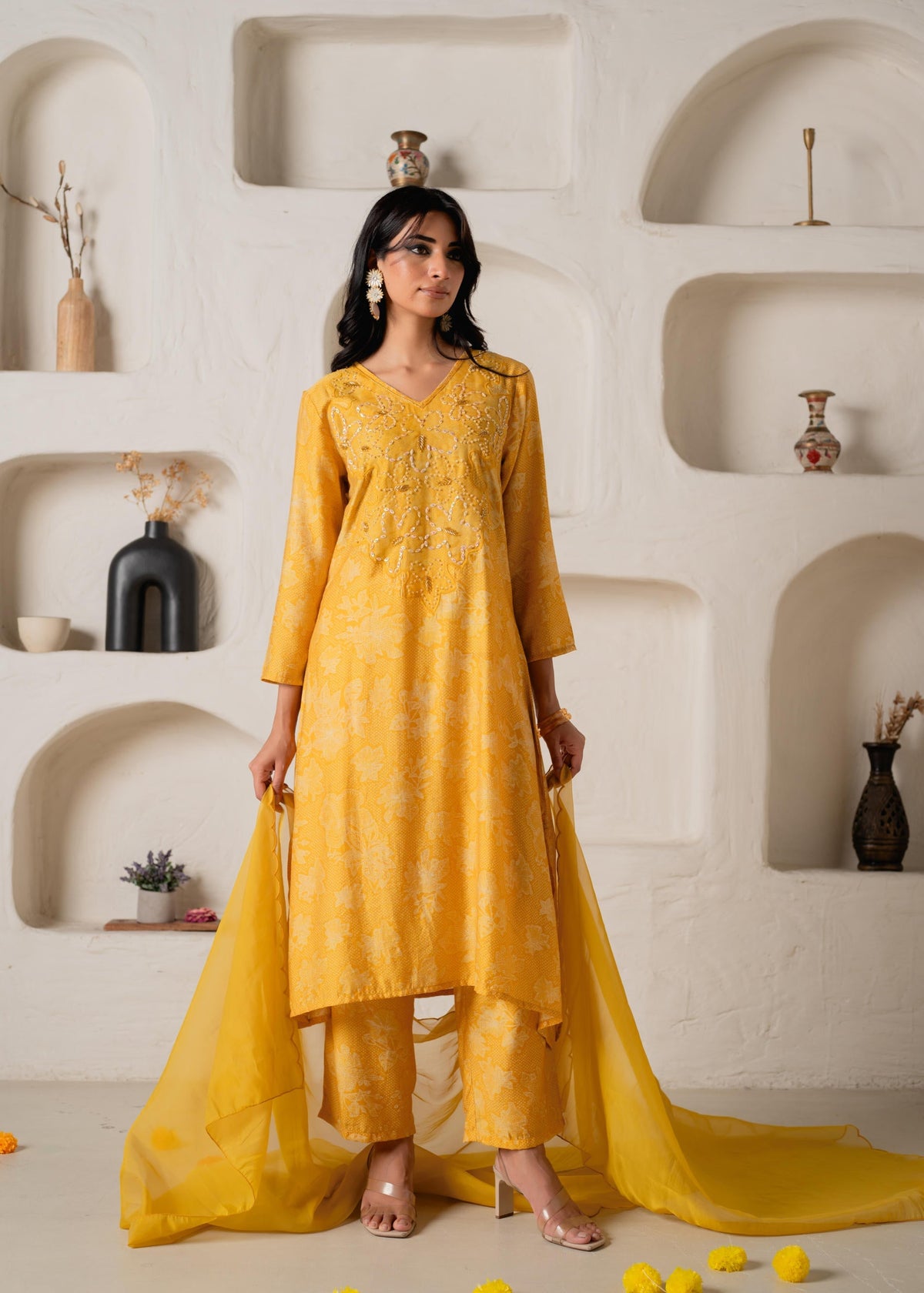 Juniper Mustard Floral Embellished A-Line Kurta Pant And Dupatta Set With Beads & Sequence Work