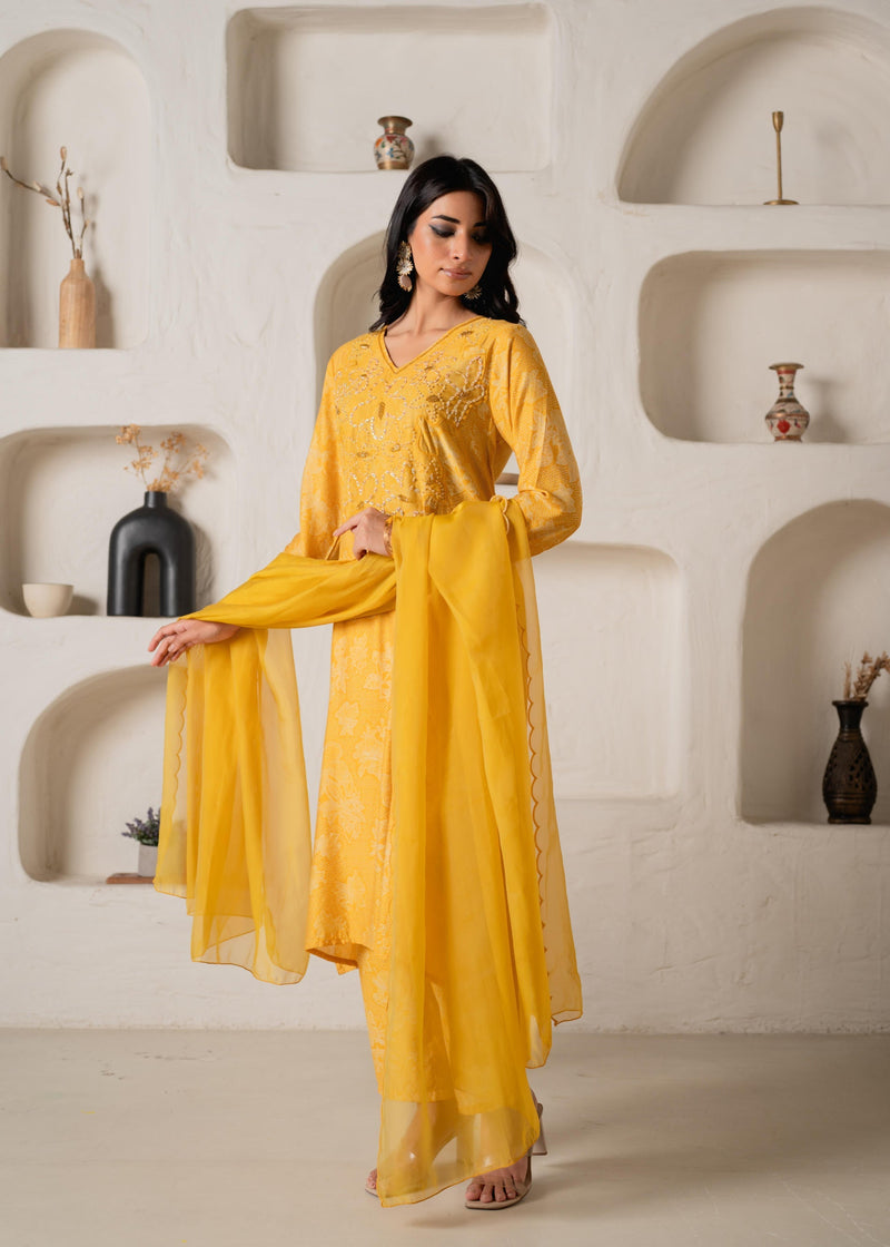 Juniper Mustard Floral Embellished A-Line Kurta Pant And Dupatta Set With Beads & Sequence Work