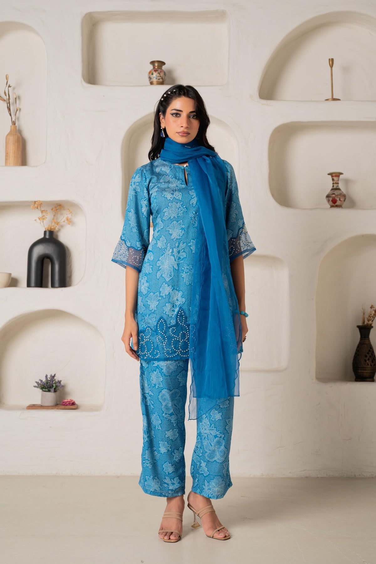Juniper Blue Floral Embellished A-Line Kurta Pant And Dupatta Set With Beads & Sequence Work