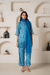 Juniper Blue Floral Embellished A-Line Kurta Pant And Dupatta Set With Beads & Sequence Work