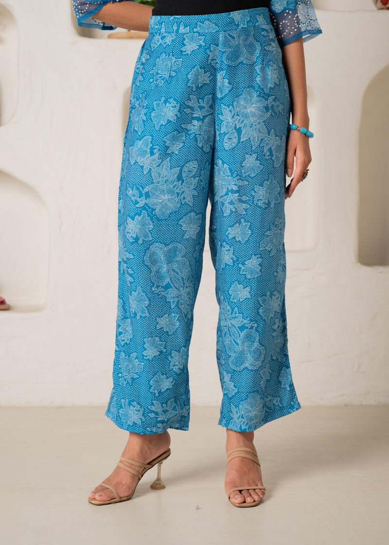 Juniper Blue Floral Embellished A-Line Kurta Pant And Dupatta Set With Beads & Sequence Work