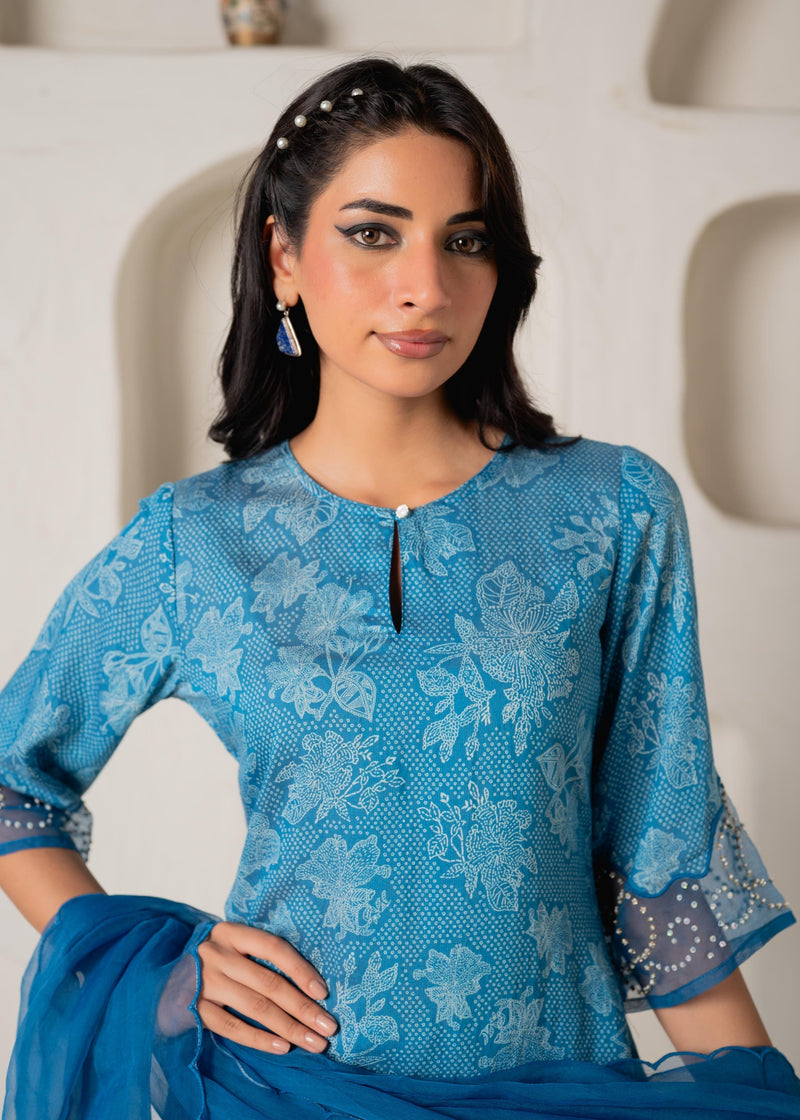 Juniper Blue Floral Embellished A-Line Kurta Pant And Dupatta Set With Beads & Sequence Work