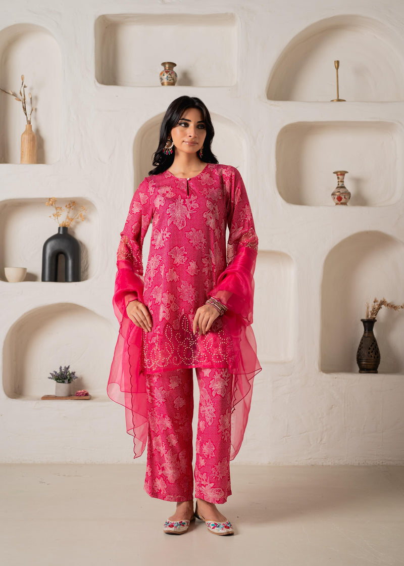 Juniper Pink Floral Embellished A-Line Kurta Pant And Dupatta Set With Beads & Sequence Work