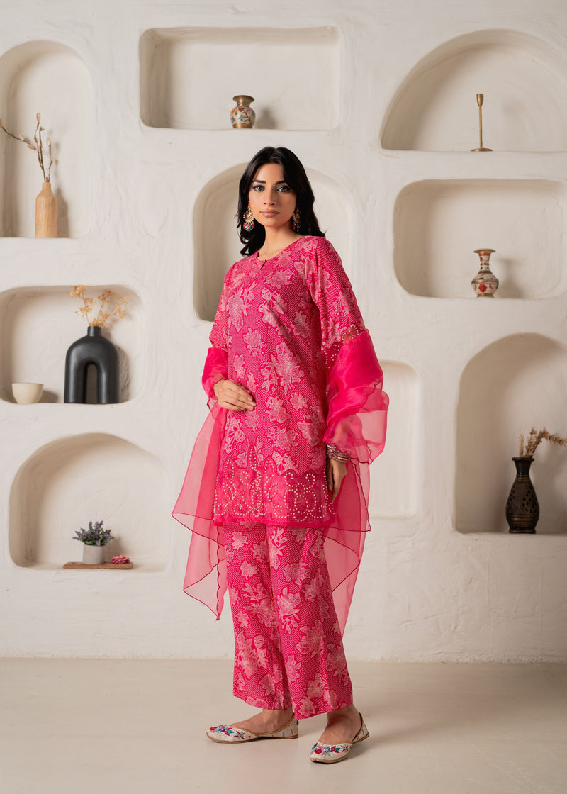 Juniper Pink Floral Embellished A-Line Kurta Pant And Dupatta Set With Beads & Sequence Work