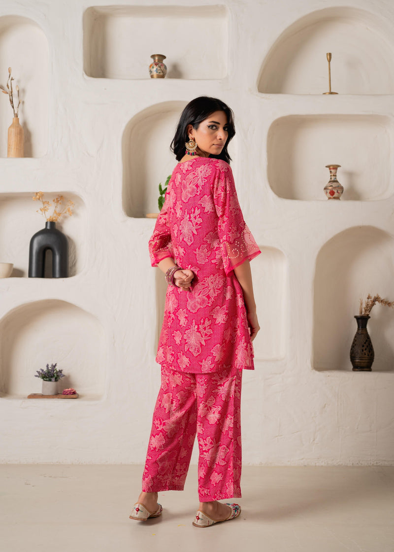 Juniper Fuchsia Floral Embellished A-Line Kurta Pant And Dupatta Set With Beads & Sequence Work