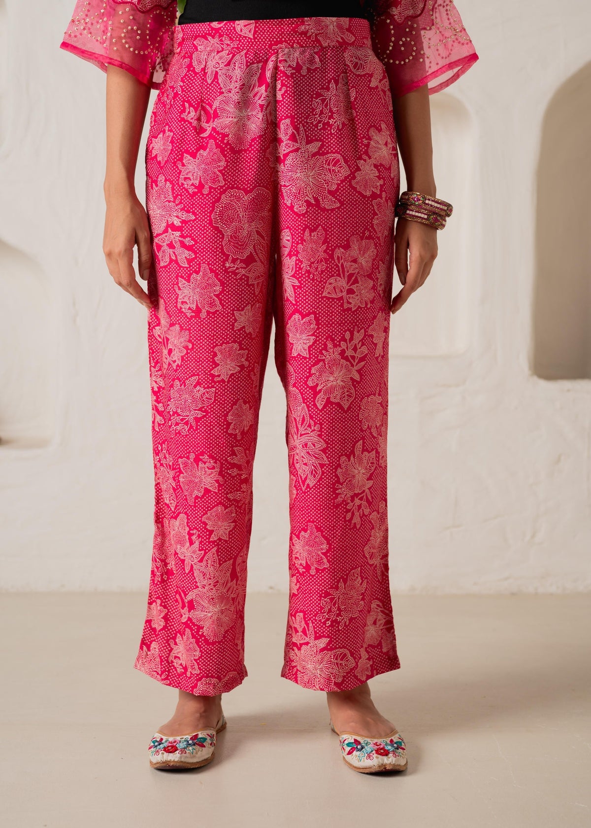 Juniper Fuchsia Floral Embellished A-Line Kurta Pant And Dupatta Set With Beads & Sequence Work