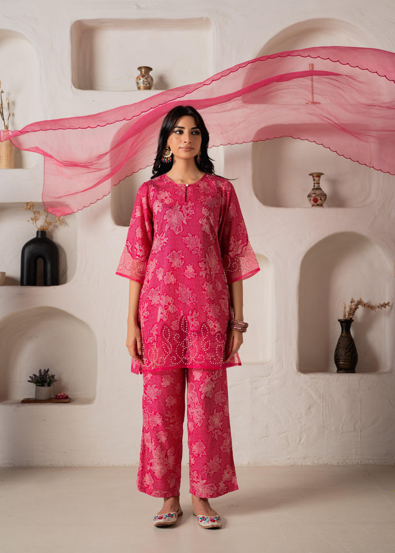 Juniper Pink Floral Embellished A-Line Kurta Pant And Dupatta Set With Beads & Sequence Work