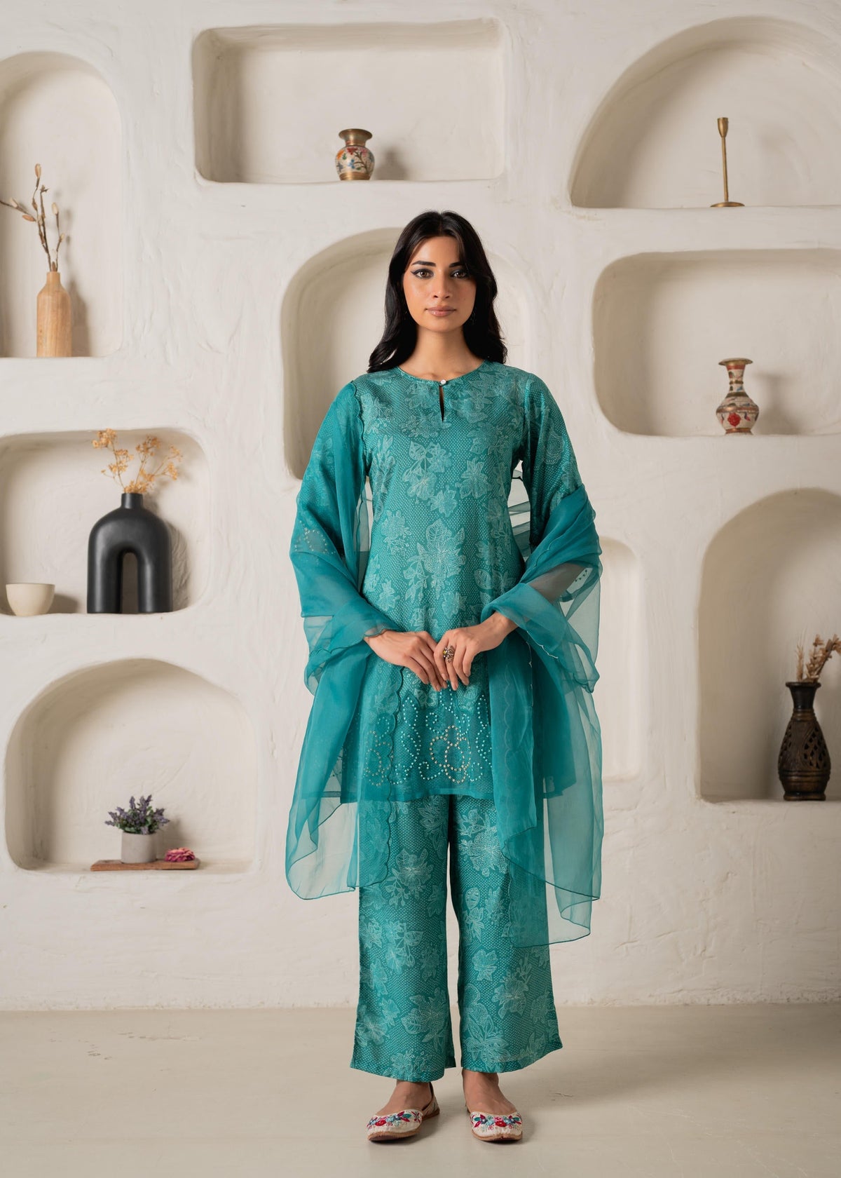 Juniper Green Floral Embellished A-Line Kurta Pant And Dupatta Set With Beads & Sequence Work