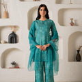 Juniper Green Floral Embellished A-Line Kurta Pant And Dupatta Set With Beads & Sequence Work