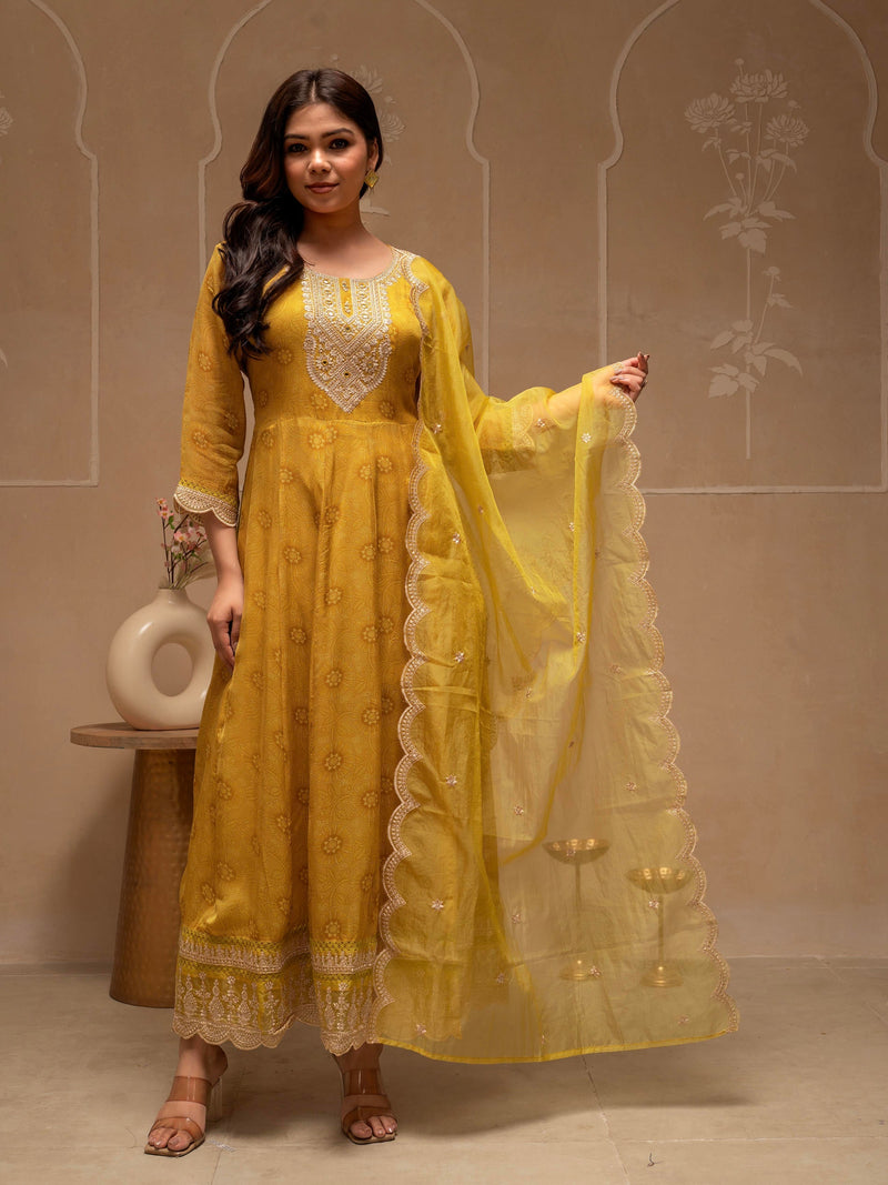 Juniper Yellow Floral Viscose Kurta, Pants And Dupatta Set With Mirror, Thread Work And Sequence