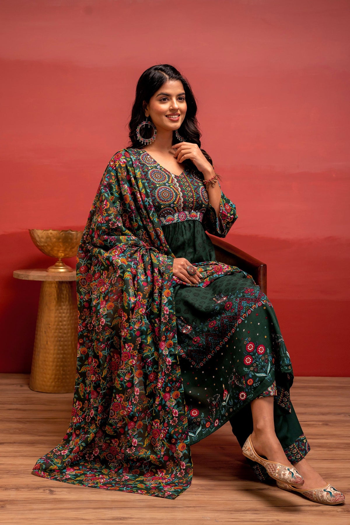Juniper Bottle Green Floral Viscose Kurta Pant Dupatta Set With Thread Work And Sequence