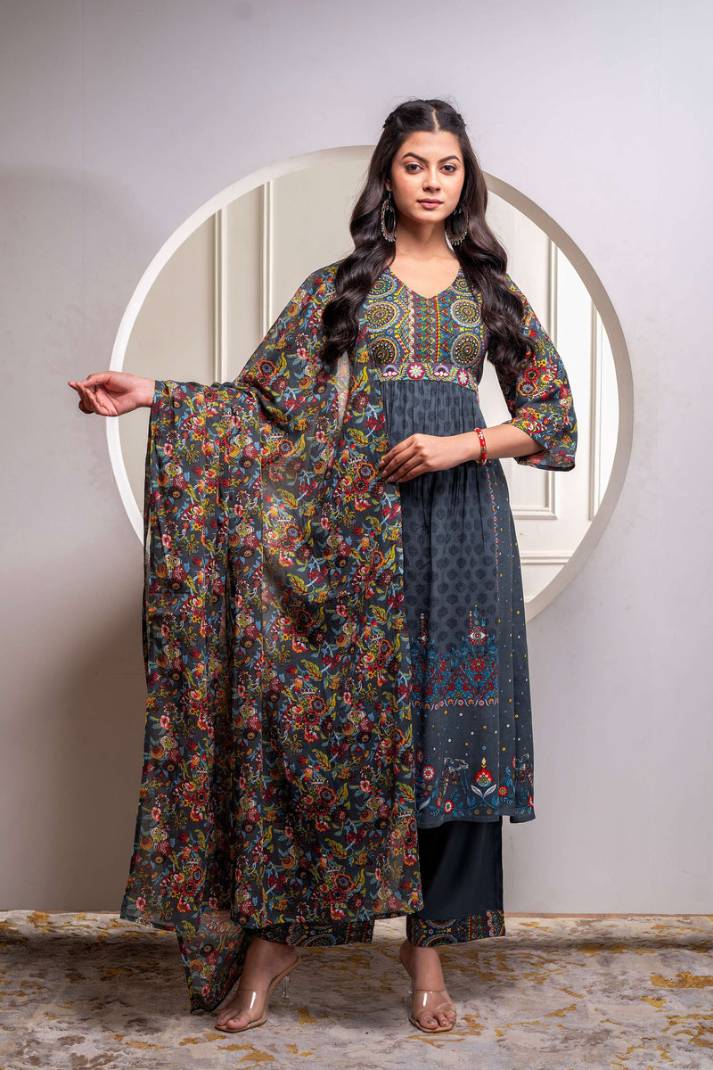 Juniper Grey Floral Viscose Kurta Pant Dupatta Set With Thread Work And Sequence