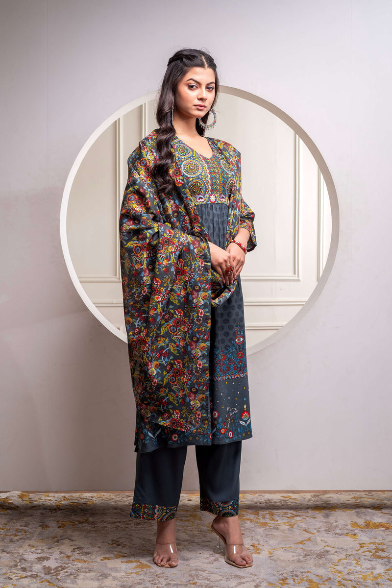 Juniper Grey Floral Viscose Kurta Pant Dupatta Set With Thread Work And Sequence