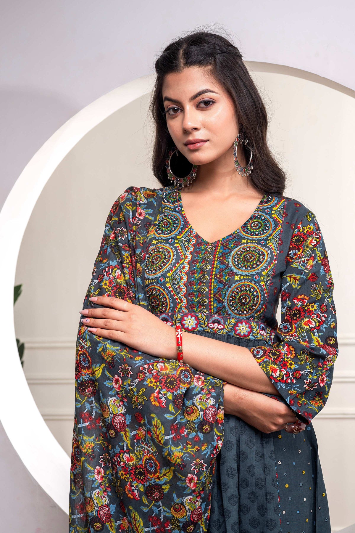 Juniper Grey Floral Viscose Kurta Pant Dupatta Set With Thread Work And Sequence