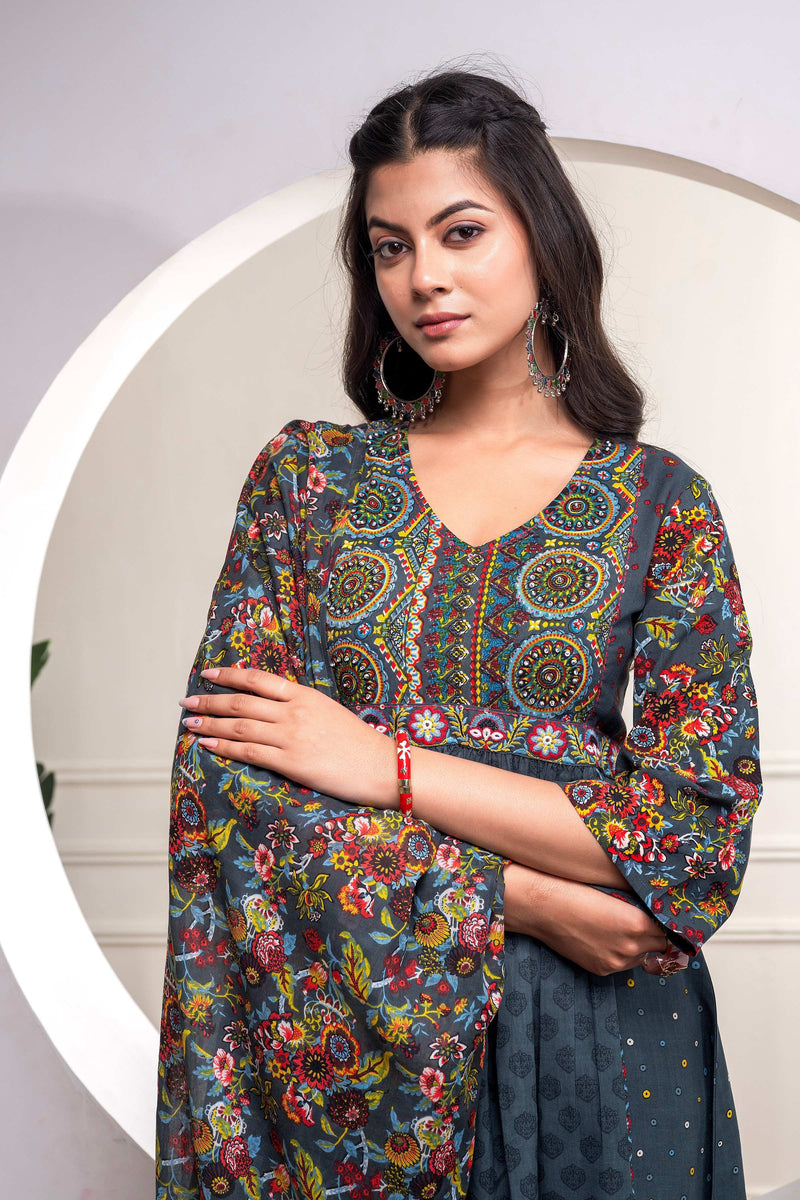 Juniper Grey Floral Viscose Kurta Pant Dupatta Set With Thread Work And Sequence