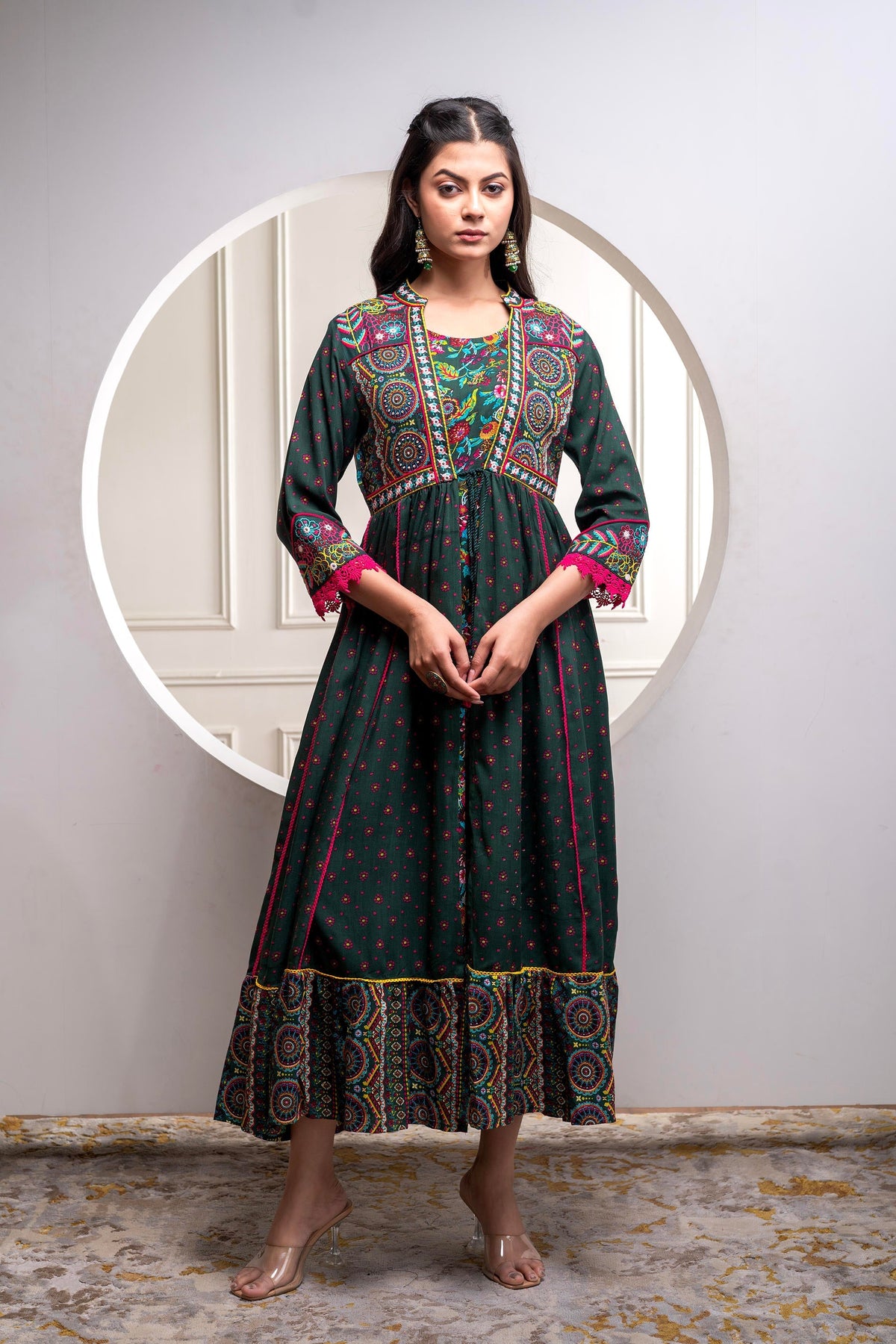 Juniper Viscose Bottle Green Embroidered Long Dress And Shrug Set With Thread, Mirror Work & Beads
