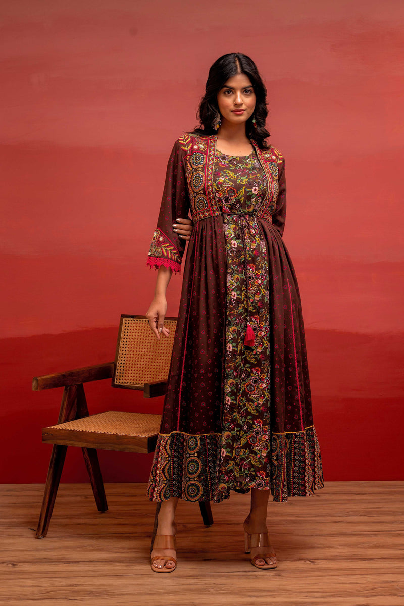 Juniper Viscose Brown Embroidered Long Dress And Shrug Set With Thread, Mirror Work & Beads