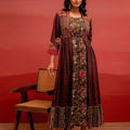Juniper Viscose Brown Embroidered Long Dress And Shrug Set With Thread, Mirror Work & Beads