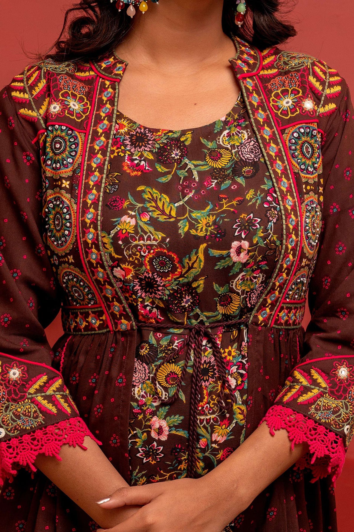 Juniper Viscose Brown Embroidered Long Dress And Shrug Set With Thread, Mirror Work & Beads