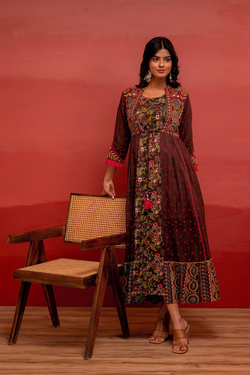 Juniper Viscose Brown Embroidered Long Dress And Shrug Set With Thread, Mirror Work & Beads