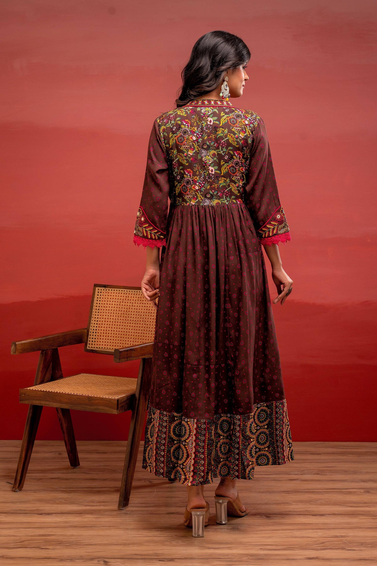 Juniper Viscose Brown Embroidered Long Dress And Shrug Set With Thread, Mirror Work & Beads
