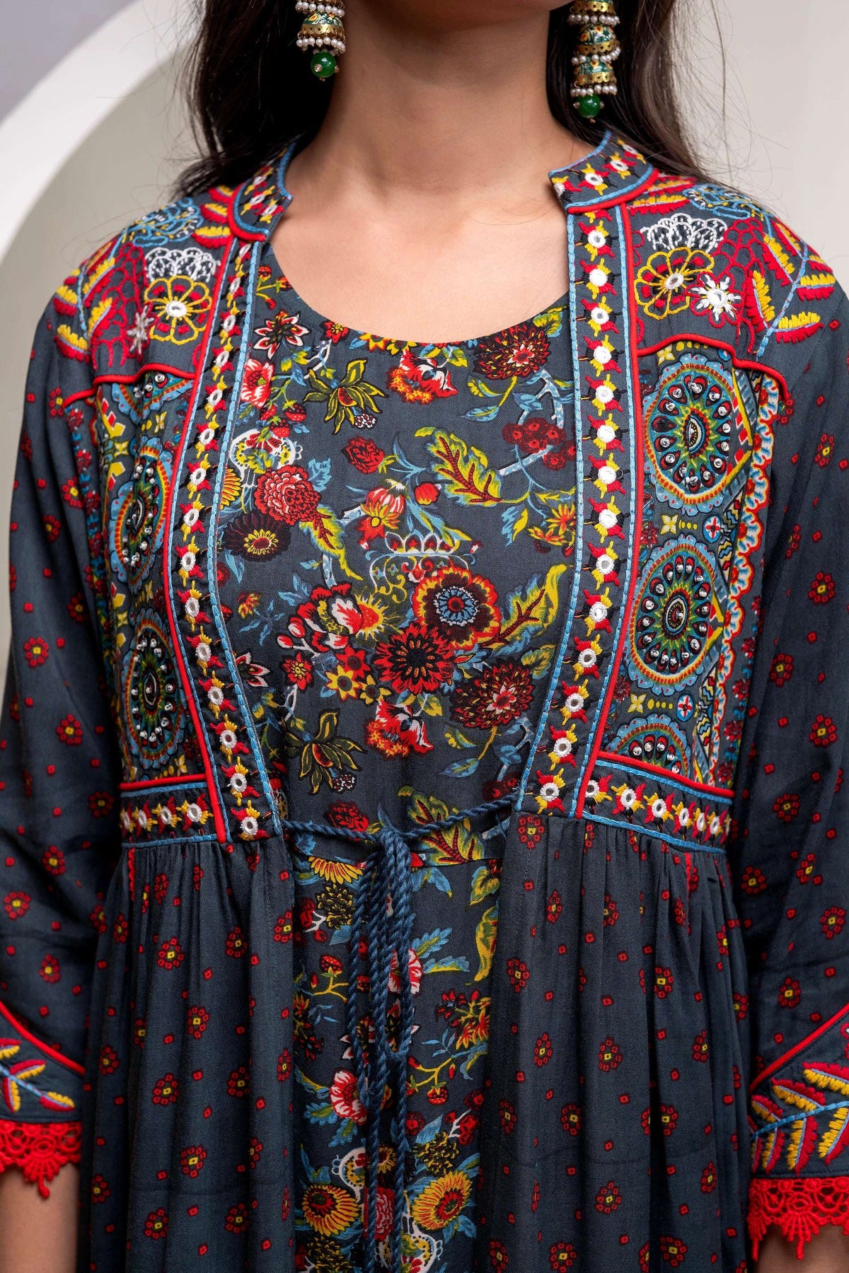 Juniper Viscose Grey Embroidered Long Dress And Shrug Set With Thread, Mirror Work & Beads