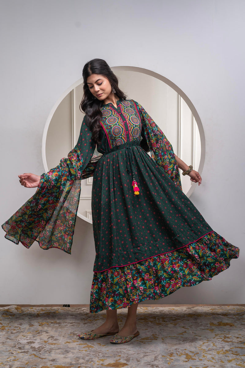 Juniper Bottle Green Floral Viscose Long Dress With Dupatta And Dori, Sequence & Lace Work