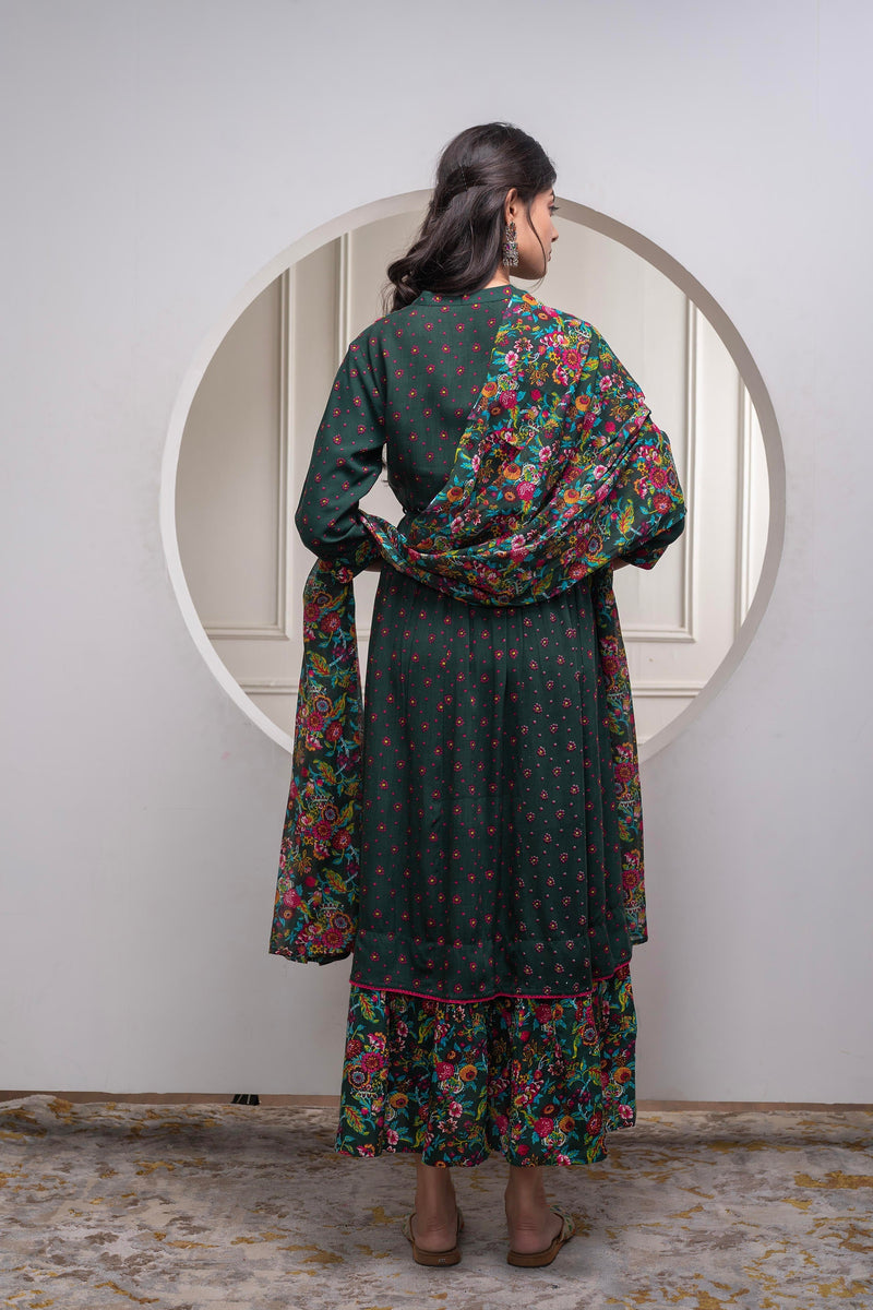 Juniper Bottle Green Floral Viscose Long Dress With Dupatta And Dori, Sequence & Lace Work