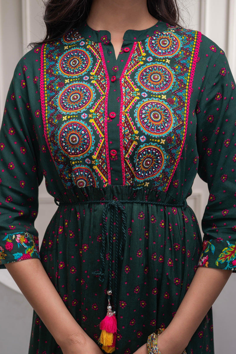 Juniper Bottle Green Floral Viscose Long Dress With Dupatta And Dori, Sequence & Lace Work