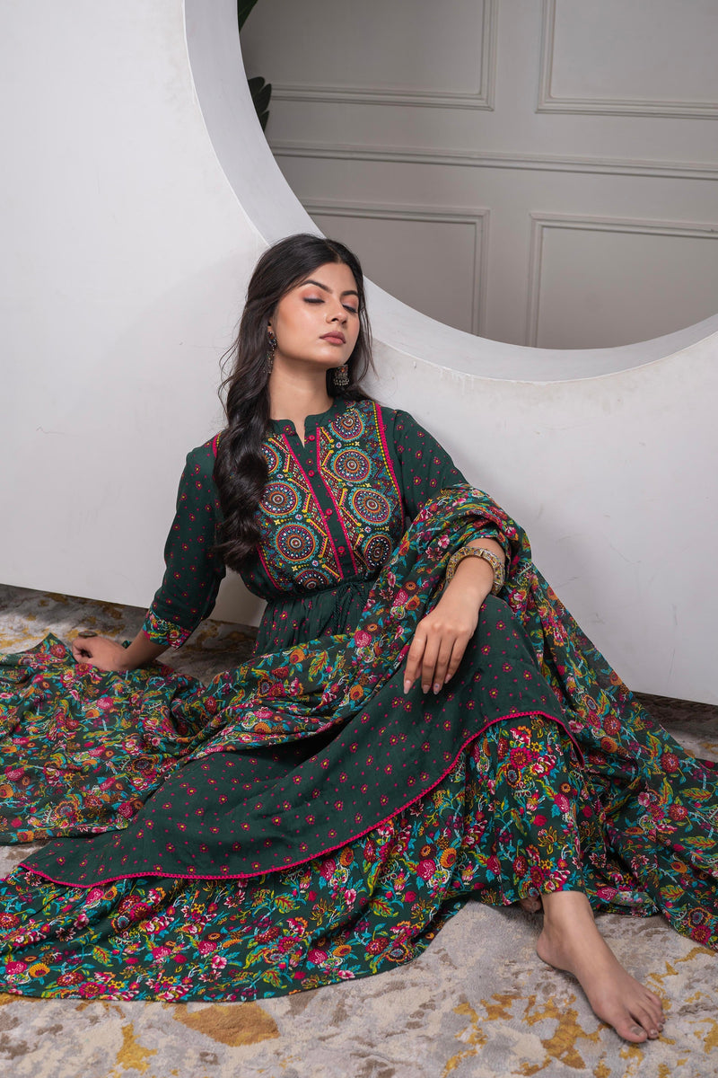 Juniper Bottle Green Floral Viscose Long Dress With Dupatta And Dori, Sequence & Lace Work