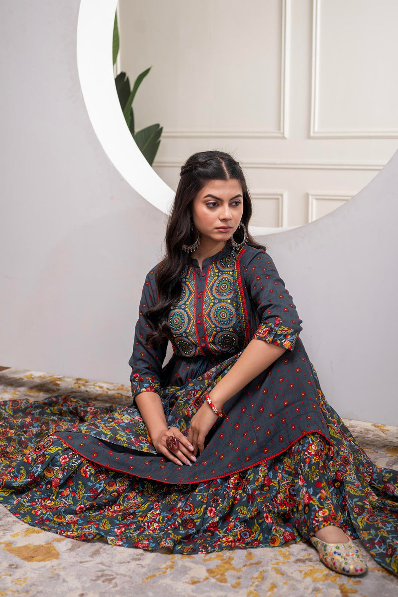 Juniper Grey Floral Viscose Long Dress With Dupatta And Dori, Sequence & Lace Work