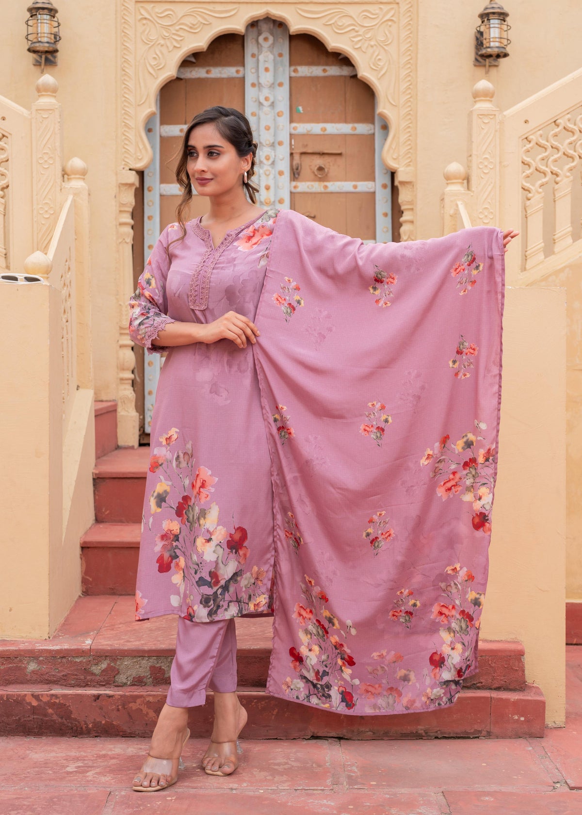 Juniper Mauve Man Made Fiber Floral Printed Kurta With Pants & Dupatta Set With Lace Work