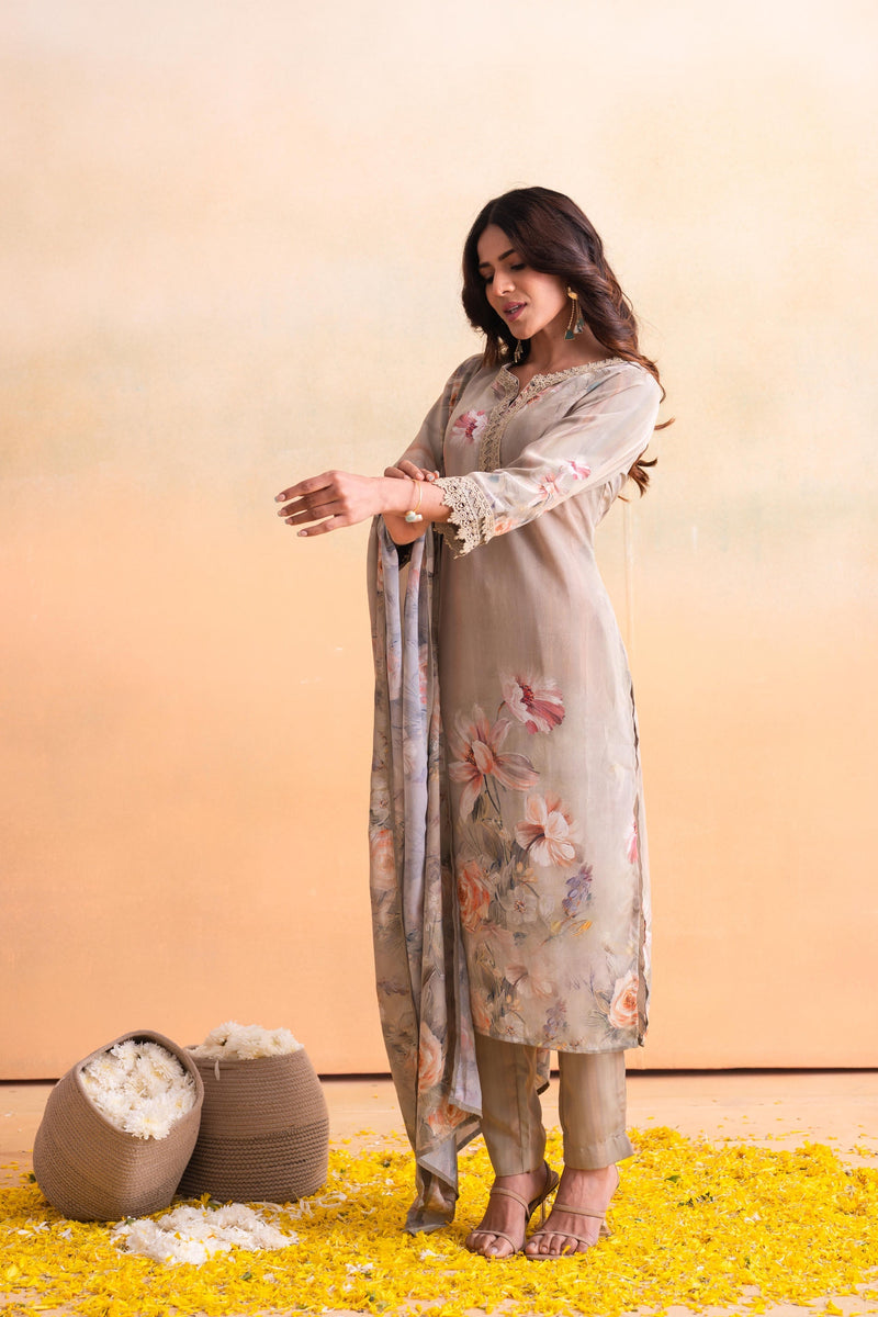 Juniper Beige Floral Embellished A-Line Kurta Pant And Dupatta Set With Beads & Sequence Work