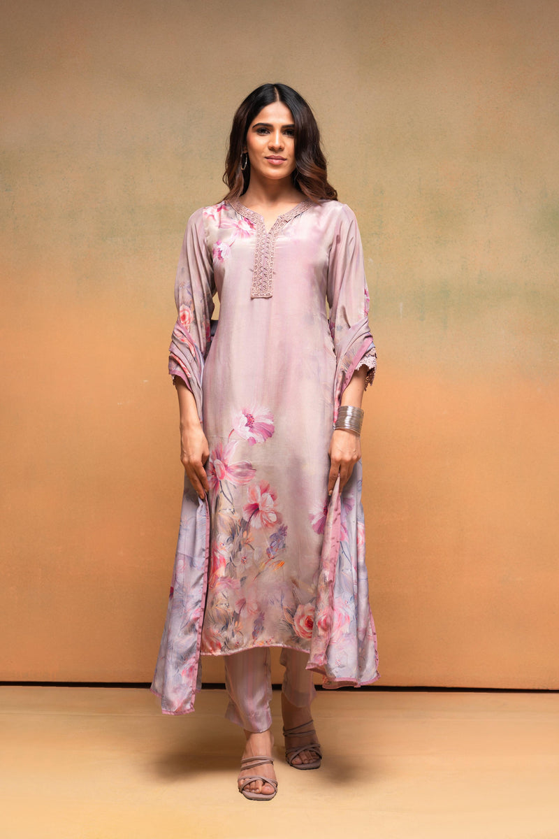 Juniper Pink Floral Embellished A-Line Kurta Pant And Dupatta Set With Beads & Sequence Work
