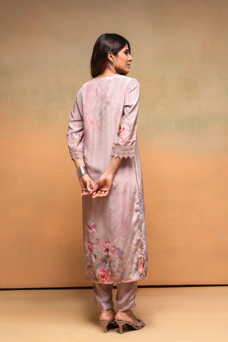 Juniper Pink Floral Embellished A-Line Kurta Pant And Dupatta Set With Beads & Sequence Work