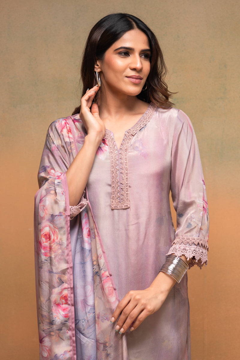 Juniper Pink Floral Embellished A-Line Kurta Pant And Dupatta Set With Beads & Sequence Work