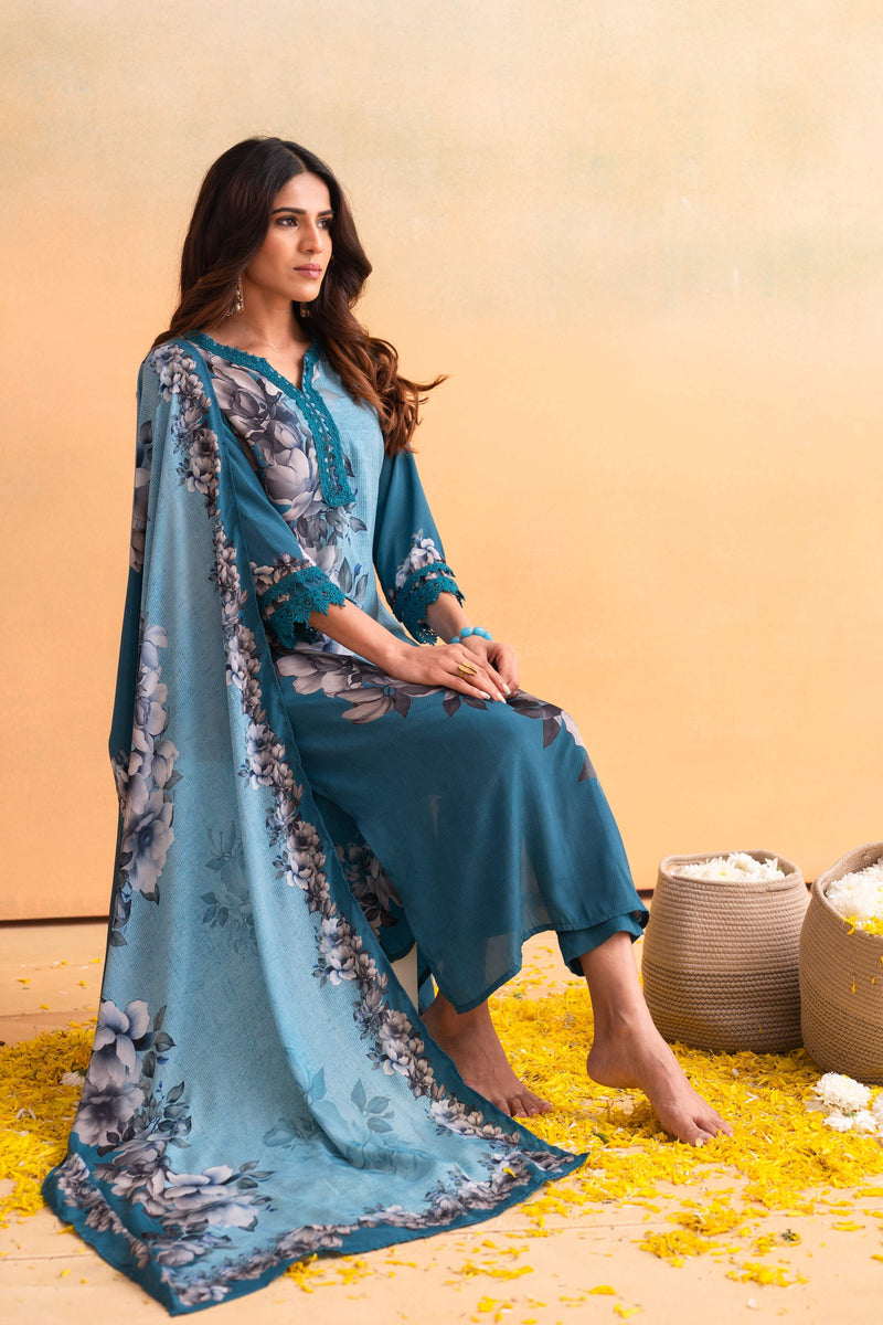 Juniper Blue Man Made Fiber Floral Printed Kurta With Pants & Dupatta Set With Lace Work