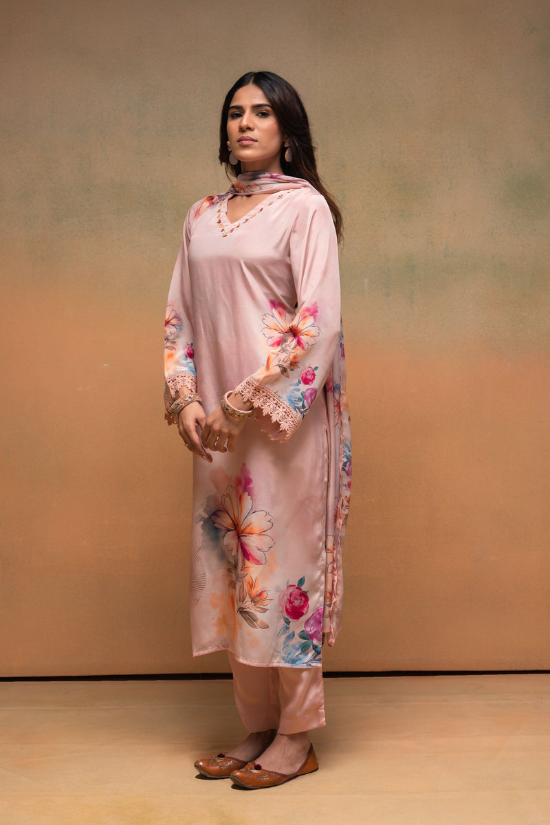 Juniper Peach Man Made Fiber Floral Printed Kurta With Pants & Dupatta Set With Sequence Work