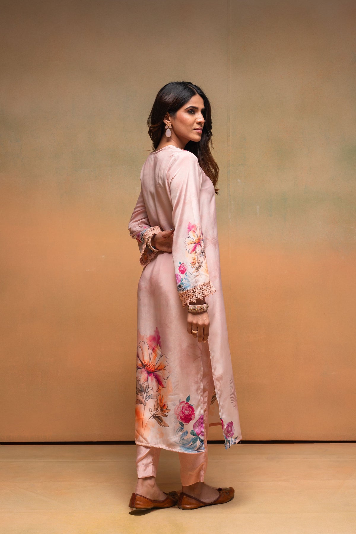 Juniper Peach Man Made Fiber Floral Printed Kurta With Pants & Dupatta Set With Sequence Work
