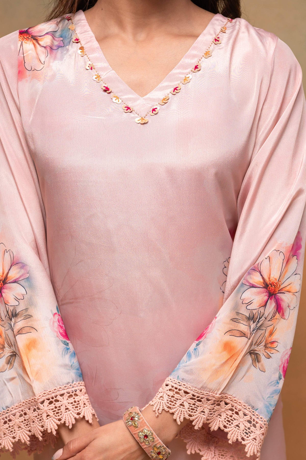 Juniper Peach Man Made Fiber Floral Printed Kurta With Pants & Dupatta Set With Sequence Work