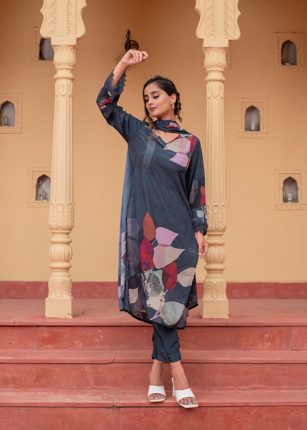 Juniper Navy Man Made Fiber Floral Printed Kurta With Pants & Dupatta Set With Sequence Work