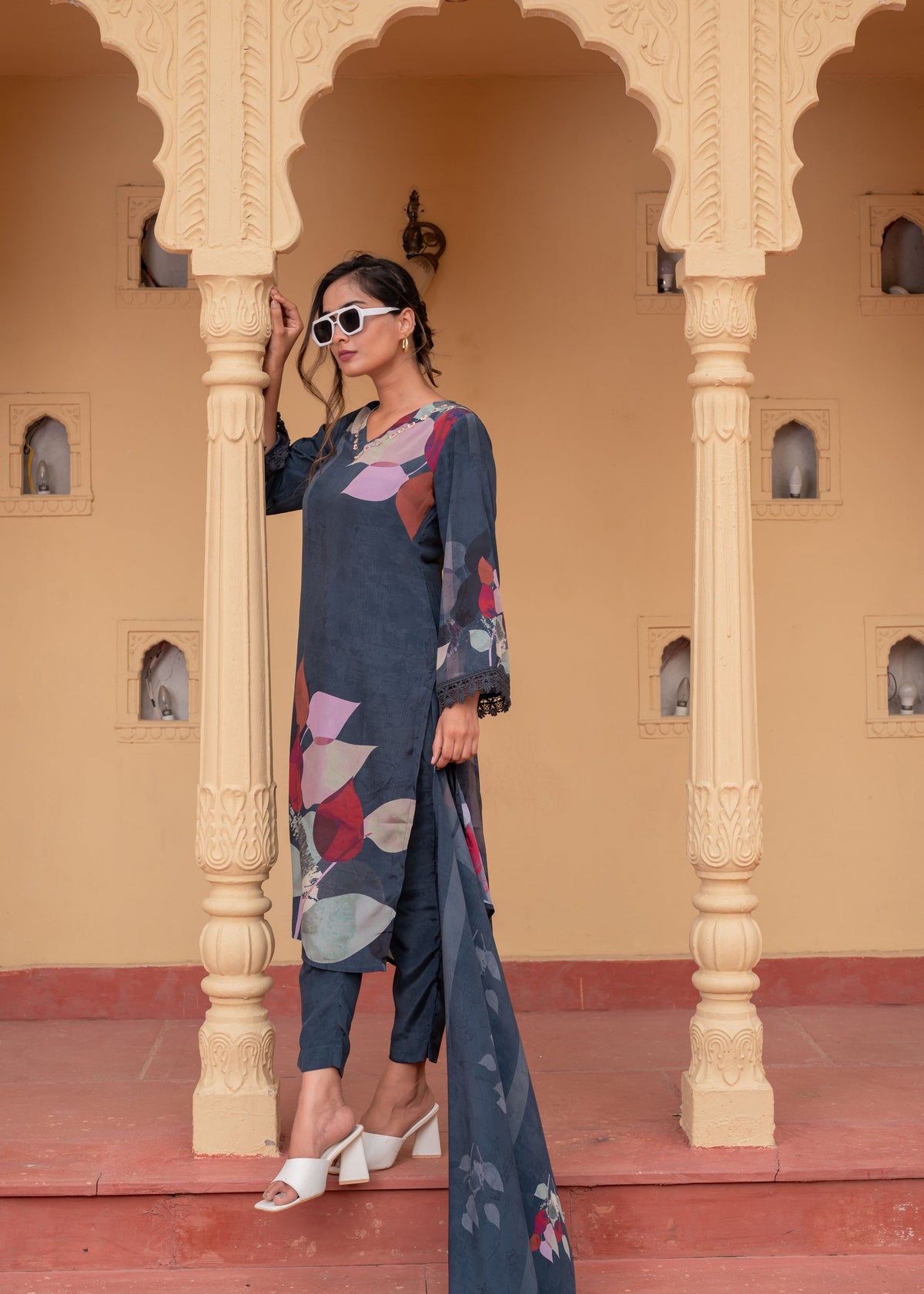 Juniper Navy Man Made Fiber Floral Printed Kurta With Pants & Dupatta Set With Sequence Work