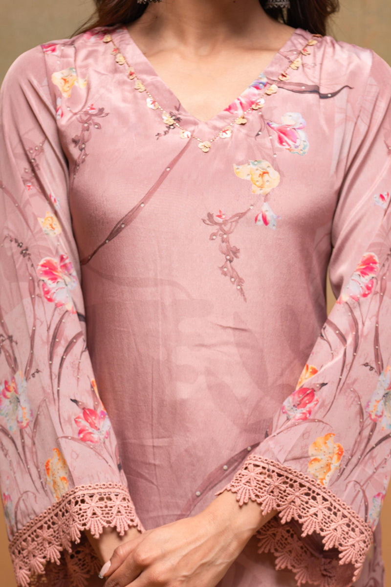 Juniper Peach Floral Embellished Straight Kurta Pant And Dupatta Set With Beads & Sequence Work