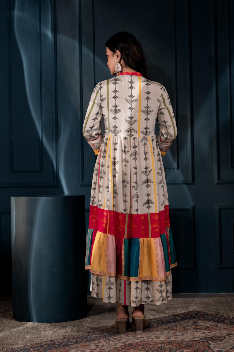 Juniper Ivory Man Made Fiber Ethnic Gathered Flared Long Dress With Mirror & Thread Work