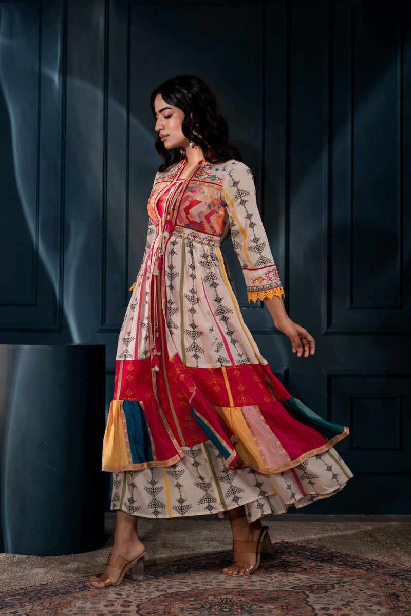 Juniper Ivory Man Made Fiber Ethnic Gathered Flared Long Dress With Mirror & Thread Work